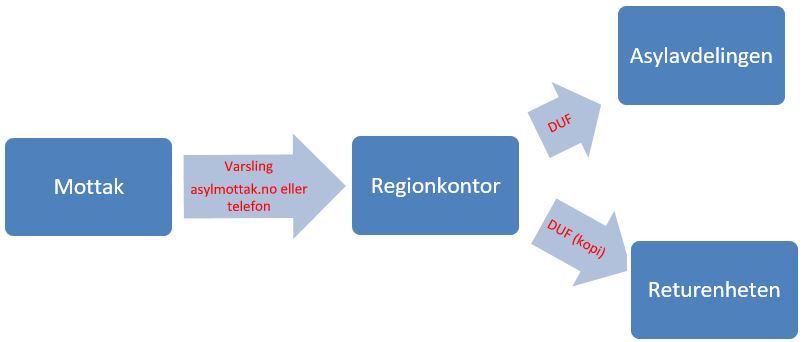 Bildet viser at asylmottak skal varsle til Regionkontor, som varsler videre til enten Asylavdelingen eller oppholdsavdelingen. Dette er beskrevet under bildet.